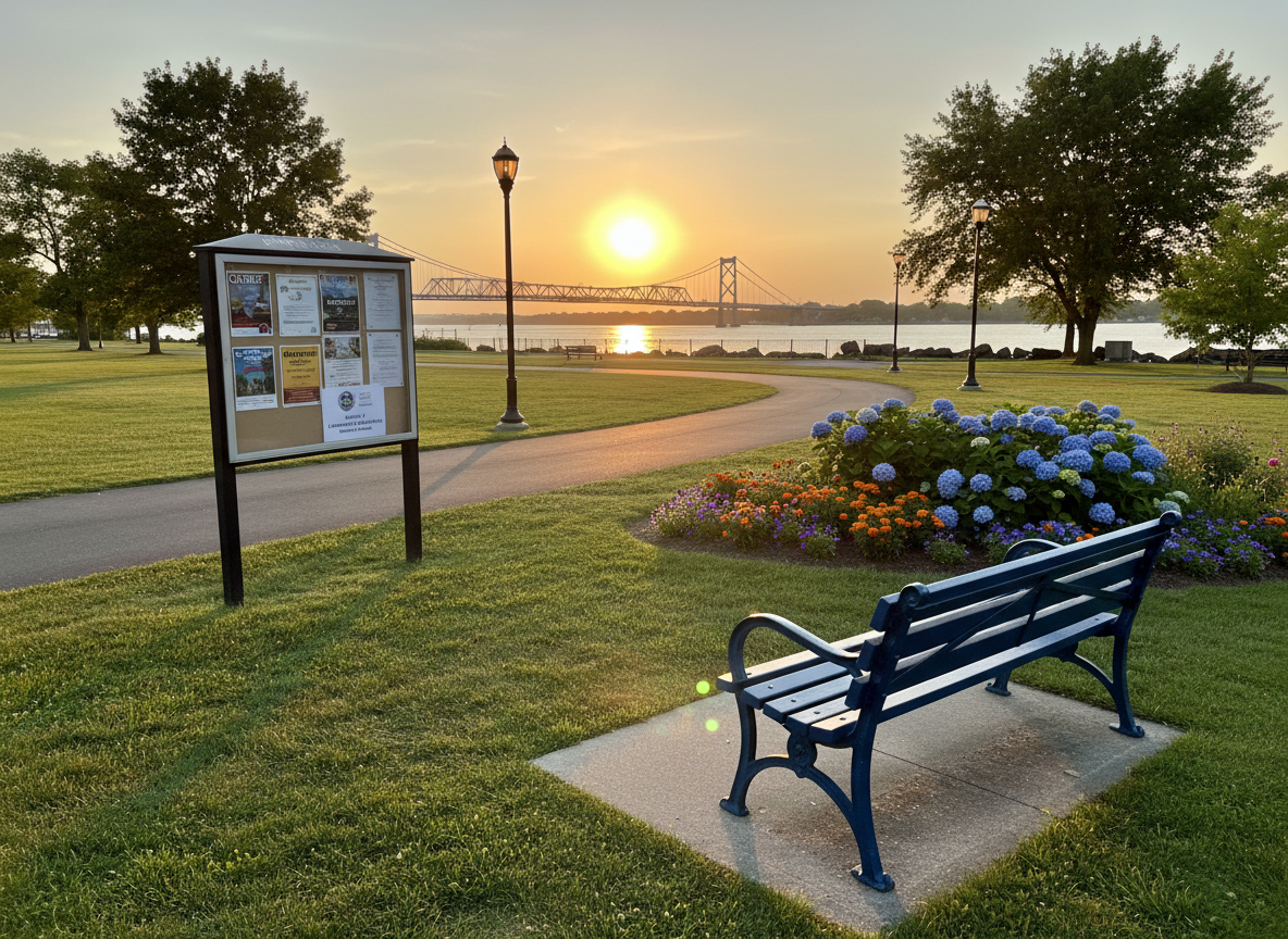 A peaceful East Providence riverside park at golden hour, with a newly painted bench facing the water, a well-kept walking path, and a tidy community bulletin board displaying local event flyers and a small City Council Ward 1 notice. The sun sets low over the river, casting warm, amber light across the scene and creating long, soft shadows of trees and lampposts on the path. The grass is lush and green, flower beds are carefully maintained, and a distant bridge hints at connection and opportunity. Shot at eye level using the rule of thirds, in realistic photographic style, the atmosphere feels hopeful, inclusive, and full of potential for community improvement.