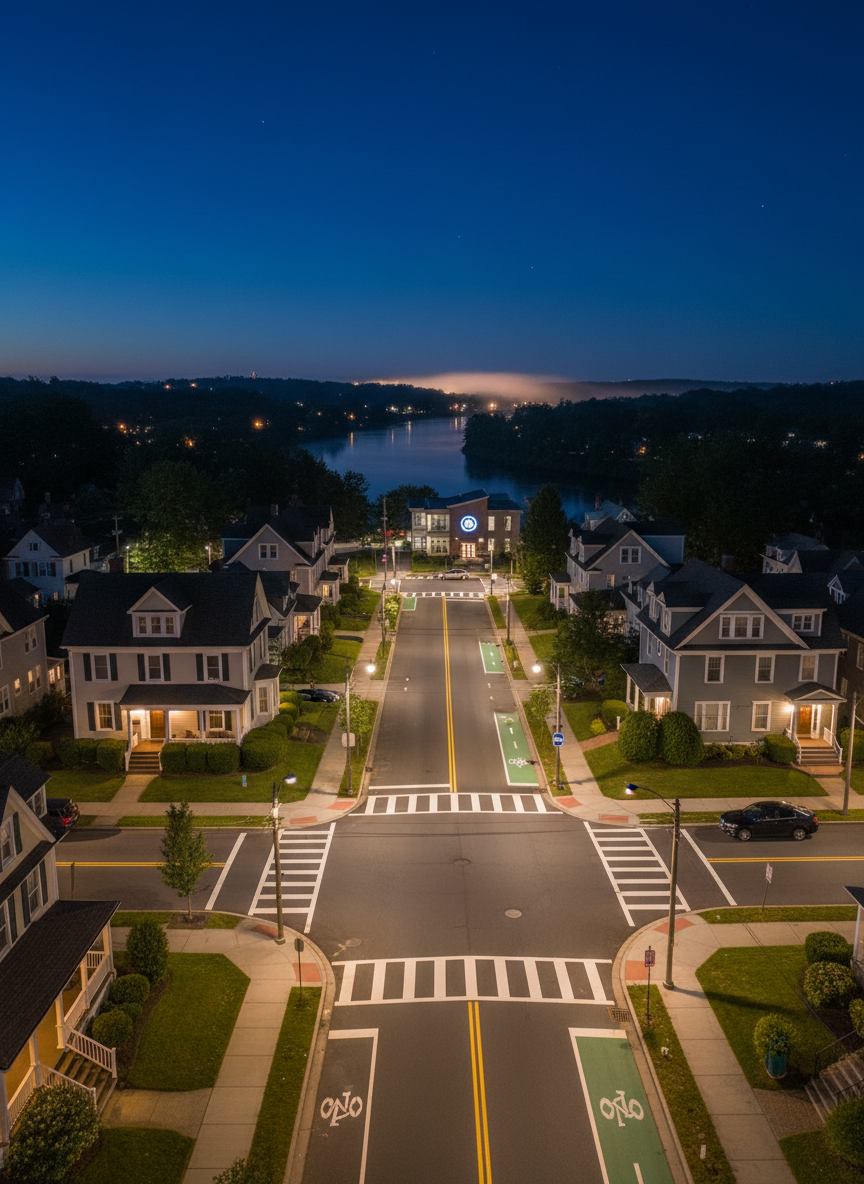 An elevated nighttime view of a East Providence neighborhood intersection in Ward 1, streets neatly lined with classic New England homes featuring trimmed lawns, tidy porches, and warm porch lights. Streetlights cast a soft, golden glow on freshly painted crosswalks and clearly marked bike lanes, symbolizing safe, well-maintained infrastructure. The distant outline of the Seekonk River and a small municipal building with a subtle city emblem are visible under a clear, deep-blue sky. The atmosphere is calm, secure, and community-oriented. Shot with a wide-angle lens, balanced composition, photographic realism, capturing both crisp foreground details and a gently softened background to emphasize a thriving, cared-for community at night.