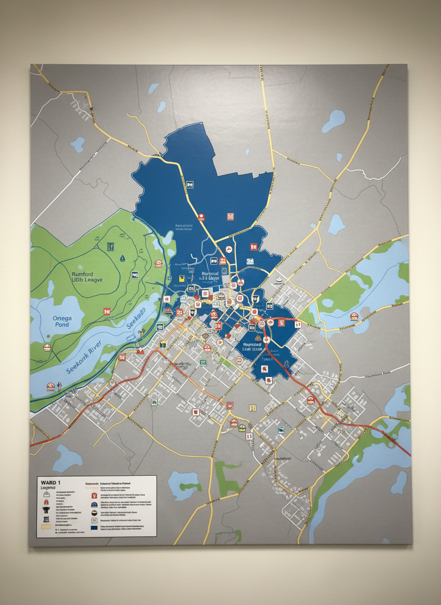 A close-up of a large, detailed city map of East Providence mounted on a clean wall, with Ward 1 highlighted in a deep, reassuring blue. Color-coded streets, parks, schools, and waterfront areas are clearly labeled, and small icons for public services and local businesses dot the ward. Soft overhead office lighting creates even, shadow-free illumination, with a faint reflection on the map’s protective matte finish. The mood is organized, strategic, and forward-looking. Photographed straight-on with sharp focus and slight vignette at the edges, in realistic photographic style, conveying planning, opportunity, and a thoughtful vision for the community without showing any people.