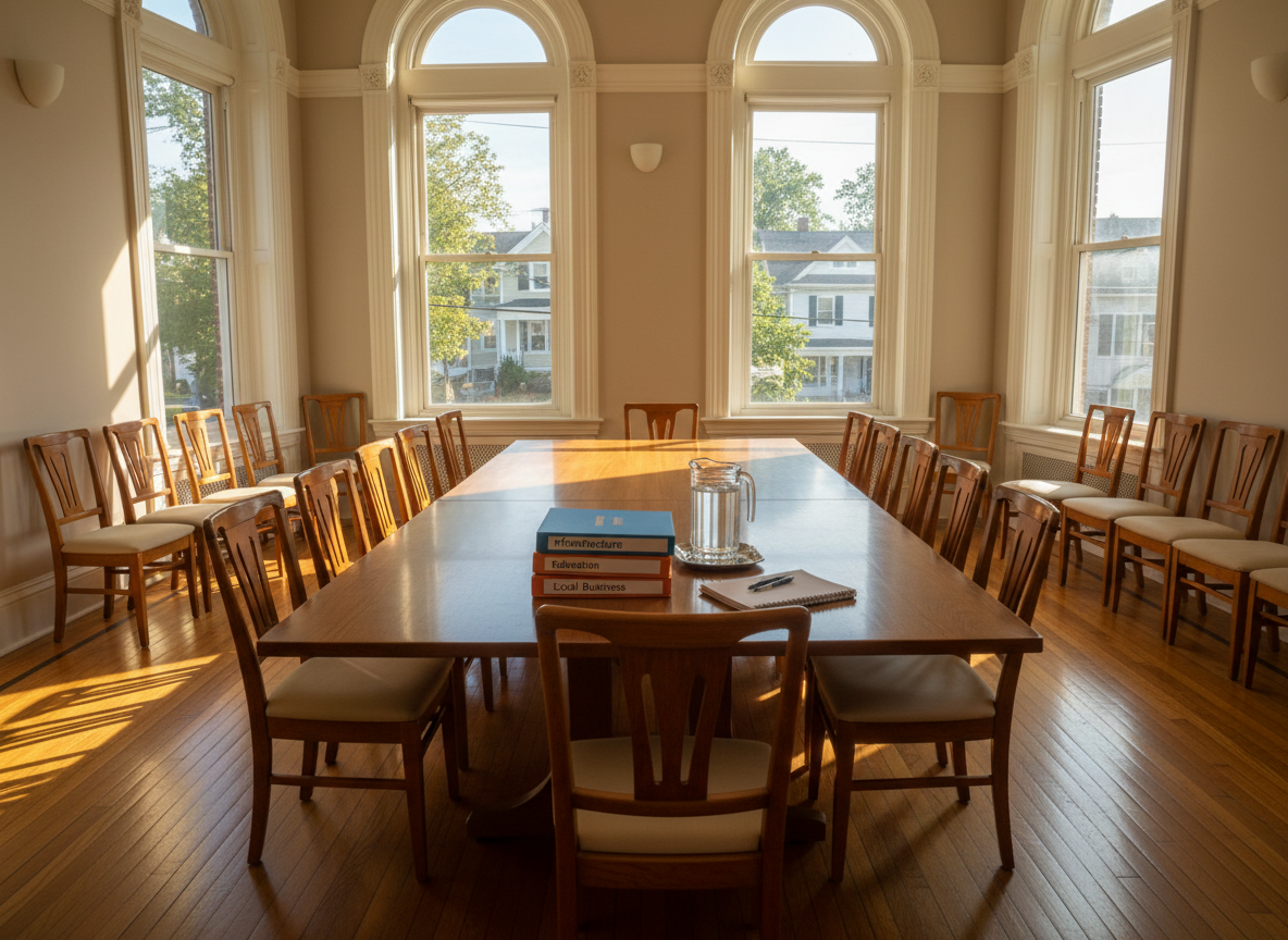 A sunlit community meeting room in a historic East Providence building, featuring a long, polished wooden conference table surrounded by empty, neatly arranged chairs. At the center of the table lies a stack of color-coded folders labeled “Infrastructure,” “Education,” and “Local Business,” alongside a glass pitcher of water and clean notepads. Large windows reveal a glimpse of neighborhood trees and houses outside, with soft afternoon light streaming in and casting gentle, orderly shadows. The mood is open, inviting, and solutions-focused. Captured from a slightly elevated angle with strong linear perspective, photographic realism, emphasizing transparency, collaboration, and integrity in local governance, with no people present.