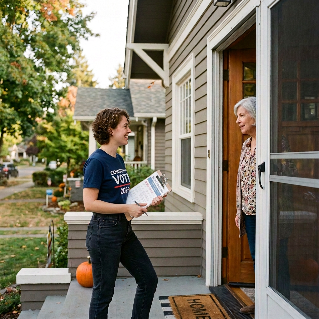 Young woman with clipboard talking to older woman at home door